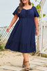 Elegant Solid Short Sleeve Lace Up High Waist Midi Dress