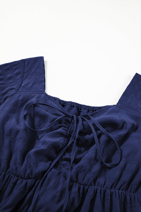 Elegant Solid Short Sleeve Lace Up High Waist Midi Dress
