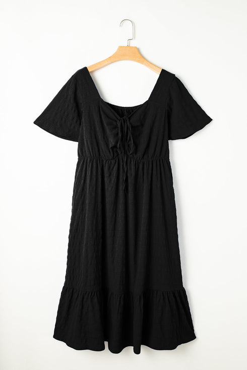 Elegant Solid Short Sleeve Lace Up High Waist Midi Dress