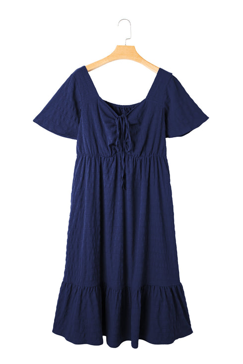 Elegant Solid Short Sleeve Lace Up High Waist Midi Dress