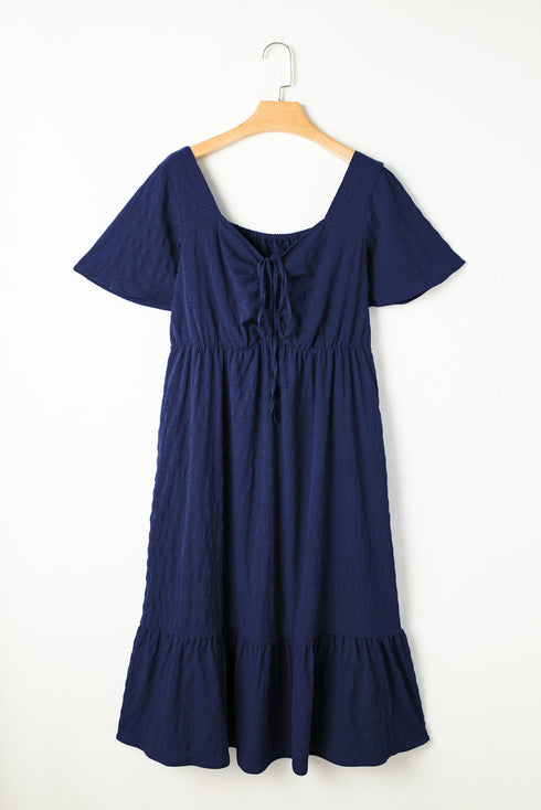 Elegant Solid Short Sleeve Lace Up High Waist Midi Dress