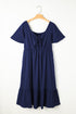 Elegant Solid Short Sleeve Lace Up High Waist Midi Dress