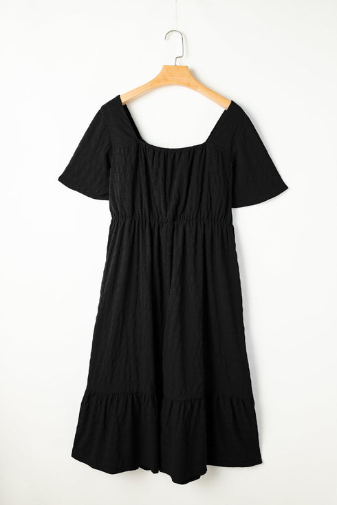 Elegant Solid Short Sleeve Lace Up High Waist Midi Dress