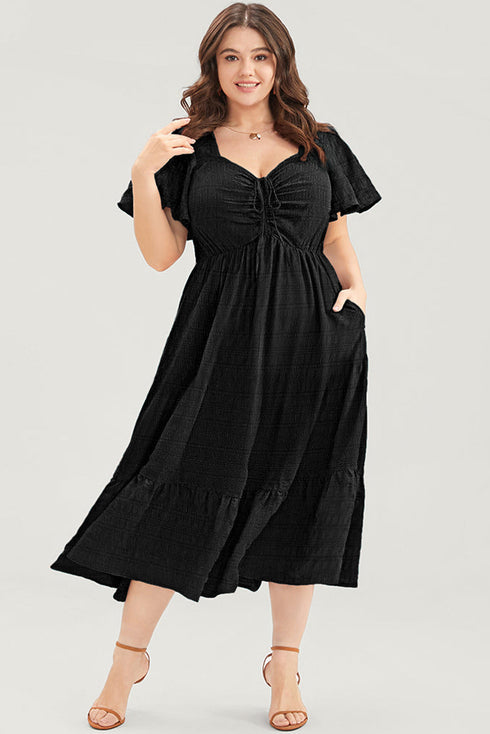 Elegant Solid Short Sleeve Lace Up High Waist Midi Dress