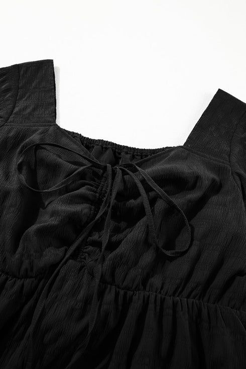 Elegant Solid Short Sleeve Lace Up High Waist Midi Dress