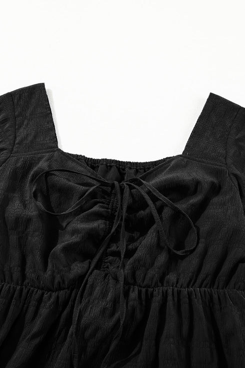 Elegant Solid Short Sleeve Lace Up High Waist Midi Dress