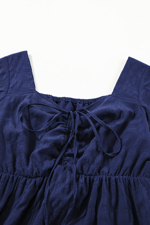 Elegant Solid Short Sleeve Lace Up High Waist Midi Dress