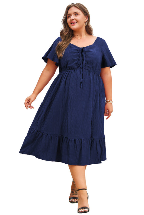 Elegant Solid Short Sleeve Lace Up High Waist Midi Dress