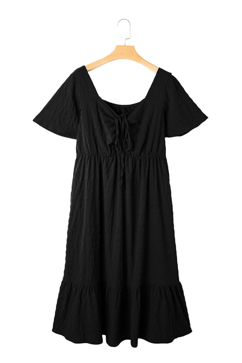 Elegant Solid Short Sleeve Lace Up High Waist Midi Dress