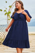 Elegant Solid Short Sleeve Lace Up High Waist Midi Dress