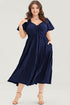 Elegant Solid Short Sleeve Lace Up High Waist Midi Dress