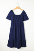Elegant Solid Short Sleeve Lace Up High Waist Midi Dress