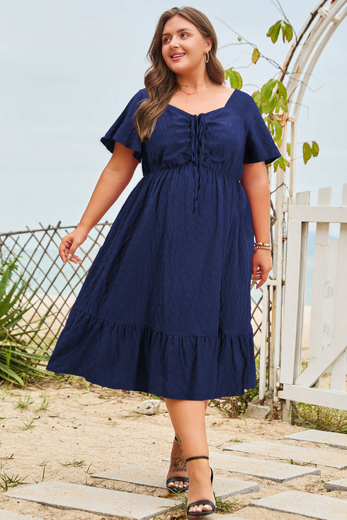 Elegant Solid Short Sleeve Lace Up High Waist Midi Dress