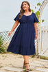 Elegant Solid Short Sleeve Lace Up High Waist Midi Dress