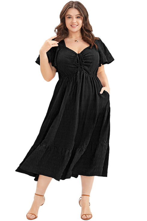 Elegant Solid Short Sleeve Lace Up High Waist Midi Dress