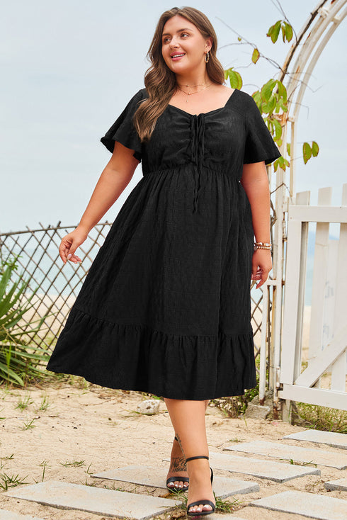 Elegant Solid Short Sleeve Lace Up High Waist Midi Dress