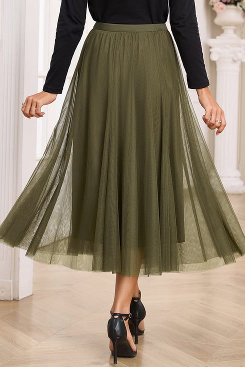 Elegant Solid Tulle Mesh Overlay Flared Midi Skirt