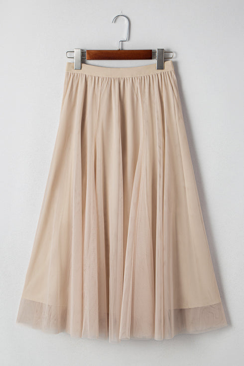 Elegant Solid Tulle Mesh Overlay Flared Midi Skirt