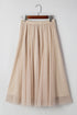 Elegant Solid Tulle Mesh Overlay Flared Midi Skirt