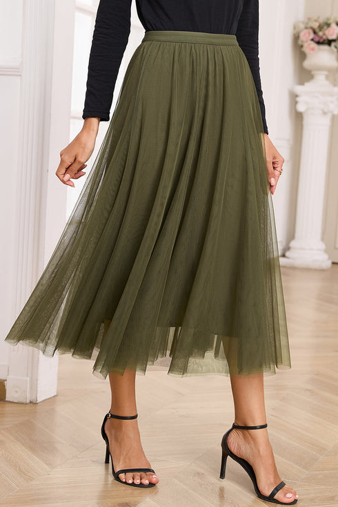 Elegant Solid Tulle Mesh Overlay Flared Midi Skirt