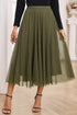 Elegant Solid Tulle Mesh Overlay Flared Midi Skirt