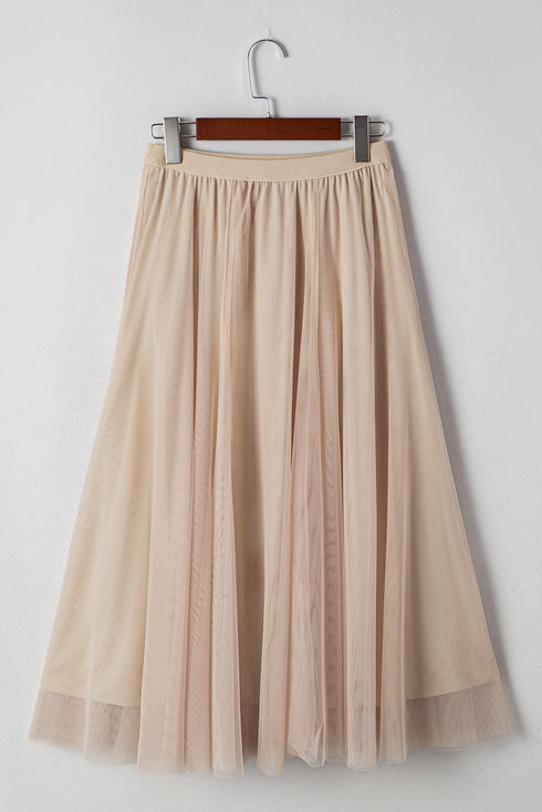 Elegant Solid Tulle Mesh Overlay Flared Midi Skirt