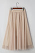 Elegant Solid Tulle Mesh Overlay Flared Midi Skirt
