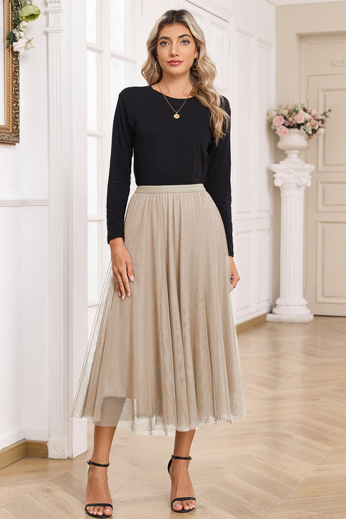 Elegant Solid Tulle Mesh Overlay Flared Midi Skirt