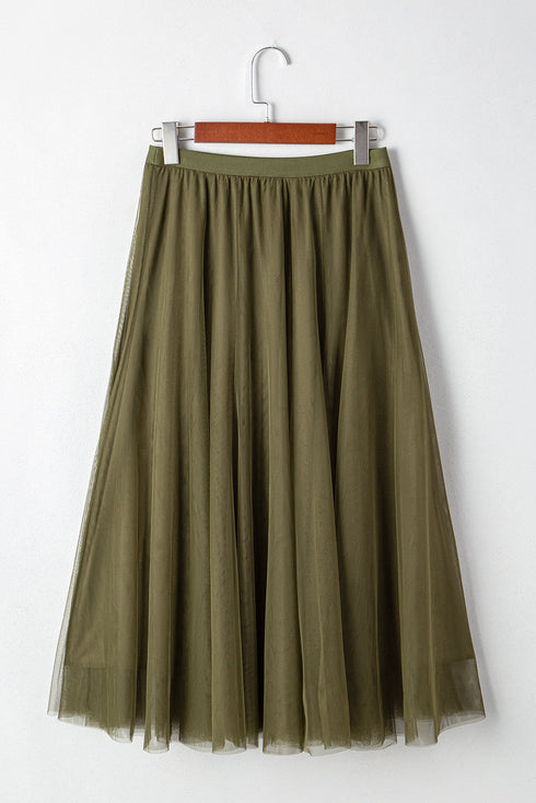 Elegant Solid Tulle Mesh Overlay Flared Midi Skirt