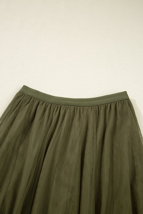 Elegant Solid Tulle Mesh Overlay Flared Midi Skirt