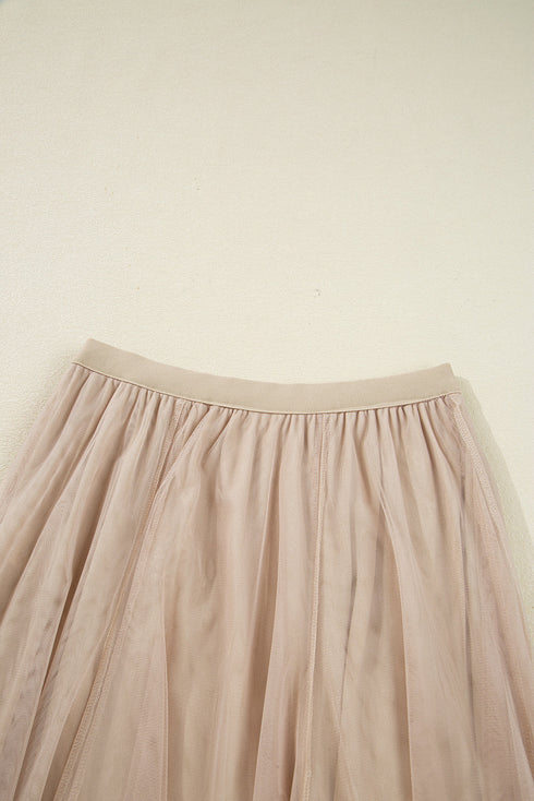 Elegant Solid Tulle Mesh Overlay Flared Midi Skirt