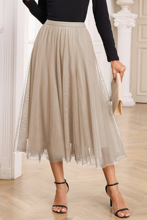 Elegant Solid Tulle Mesh Overlay Flared Midi Skirt