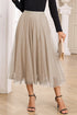 Elegant Solid Tulle Mesh Overlay Flared Midi Skirt