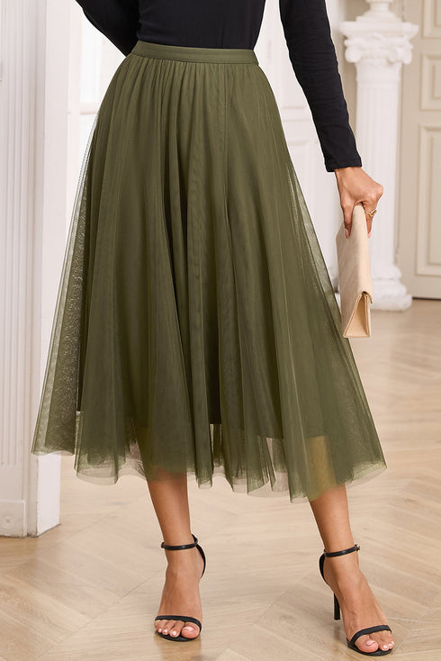 Elegant Solid Tulle Mesh Overlay Flared Midi Skirt