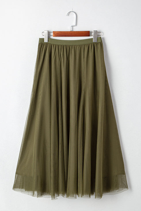 Elegant Solid Tulle Mesh Overlay Flared Midi Skirt