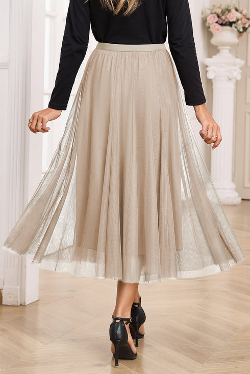 Elegant Solid Tulle Mesh Overlay Flared Midi Skirt