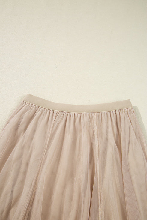Elegant Solid Tulle Mesh Overlay Flared Midi Skirt