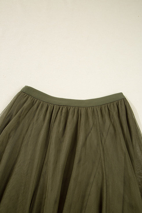 Elegant Solid Tulle Mesh Overlay Flared Midi Skirt