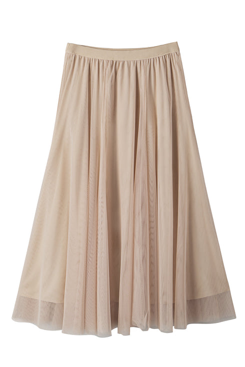 Elegant Solid Tulle Mesh Overlay Flared Midi Skirt