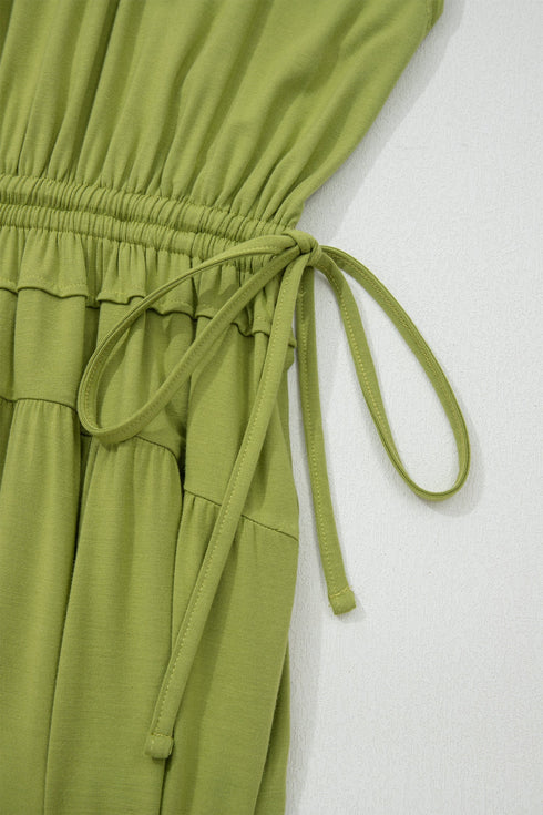 Elegant Solid V Neck Cap Sleeve Elastic Waist Maxi Dress