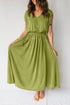 Elegant Solid V Neck Cap Sleeve Elastic Waist Maxi Dress
