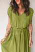 Elegant Solid V Neck Cap Sleeve Elastic Waist Maxi Dress