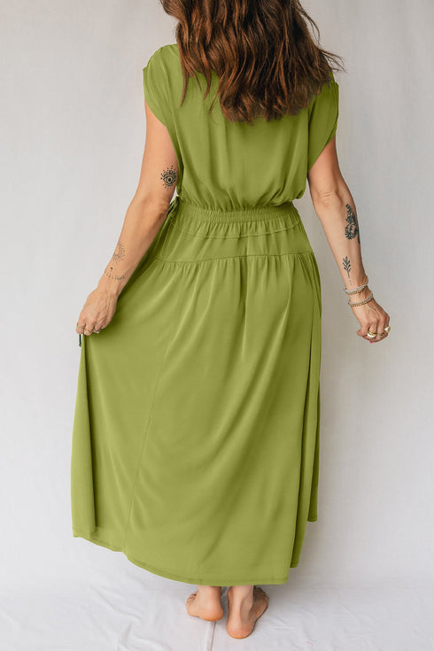 Elegant Solid V Neck Cap Sleeve Elastic Waist Maxi Dress