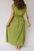 Elegant Solid V Neck Cap Sleeve Elastic Waist Maxi Dress