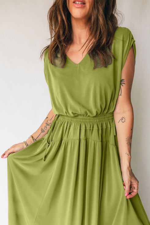 Elegant Solid V Neck Cap Sleeve Elastic Waist Maxi Dress