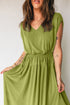 Elegant Solid V Neck Cap Sleeve Elastic Waist Maxi Dress