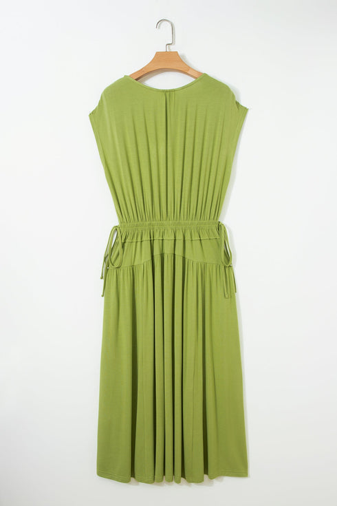 Elegant Solid V Neck Cap Sleeve Elastic Waist Maxi Dress