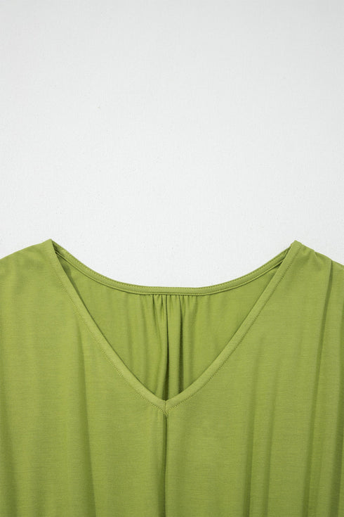 Elegant Solid V Neck Cap Sleeve Elastic Waist Maxi Dress