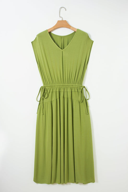Elegant Solid V Neck Cap Sleeve Elastic Waist Maxi Dress