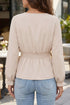 Elegant Solid V Neck Smocked Waist Long Sleeve Blouse